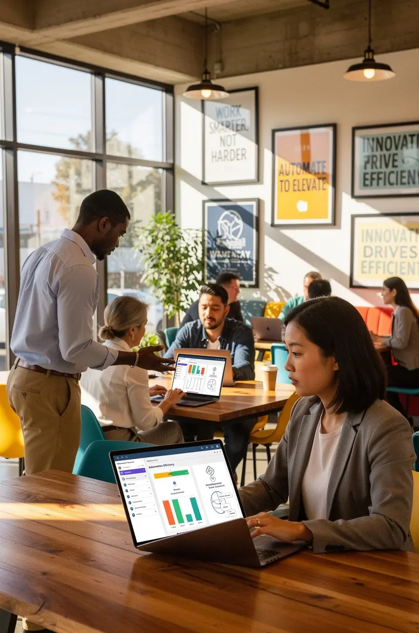 Illustration of gears and robotic arms symbolizing the integration of automation in traditional workflows