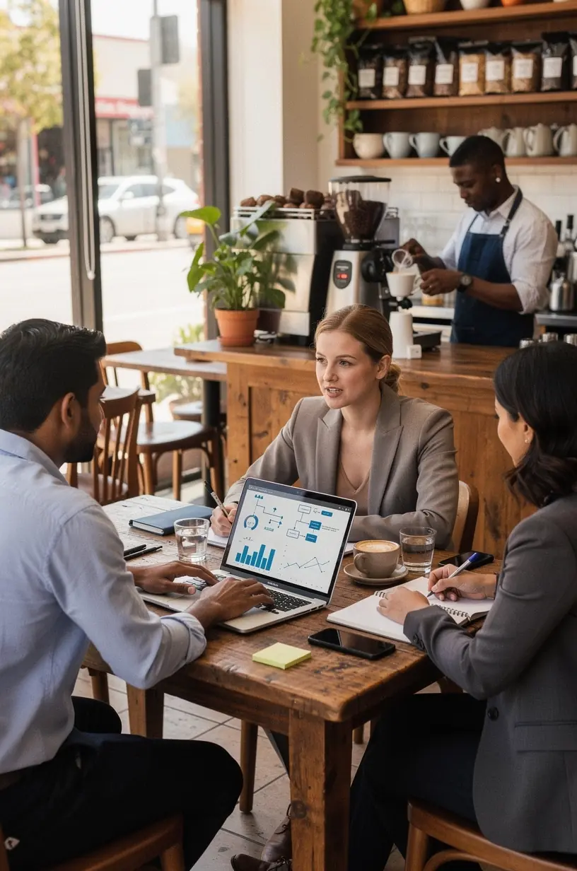 Team collaborating around a digital workflow chart to optimize business processes through automation